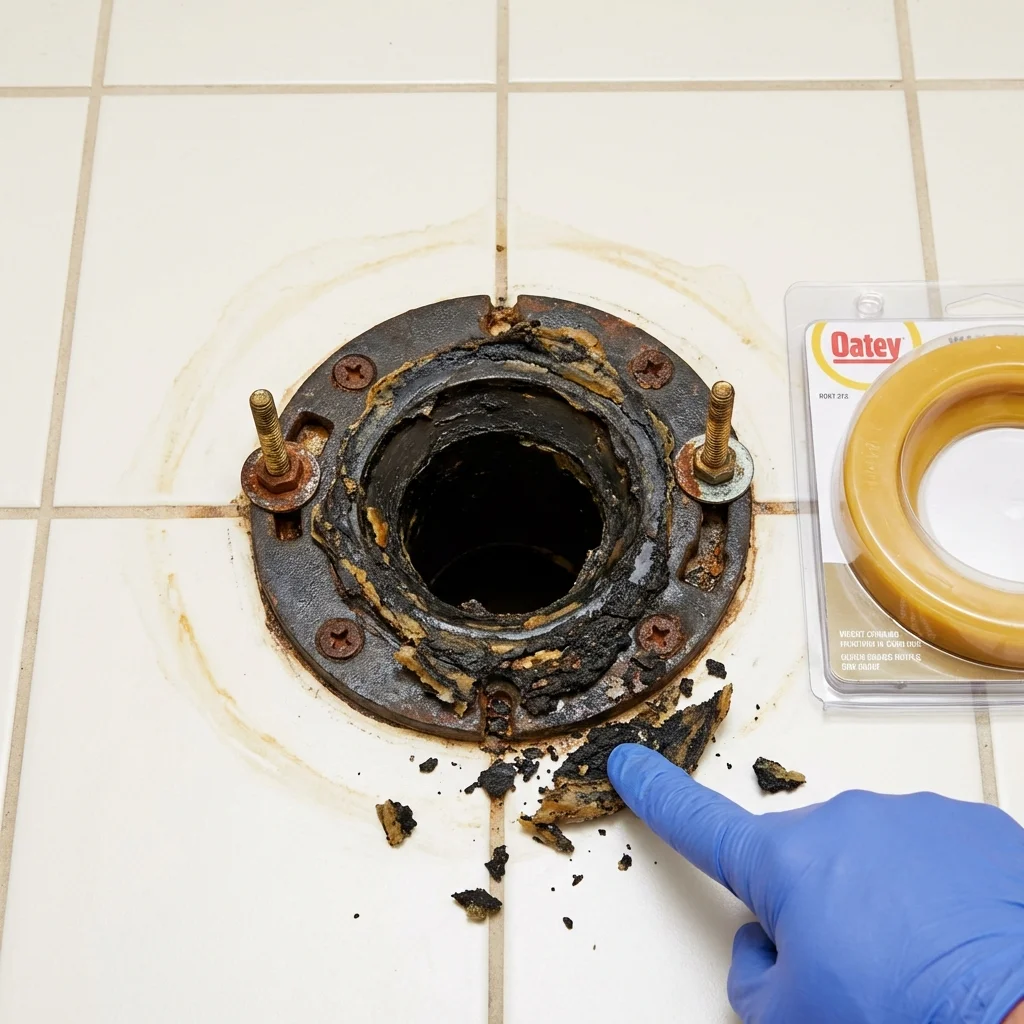 Failed wax ring showing water seepage at the base of a toilet in a Greenville, GA home