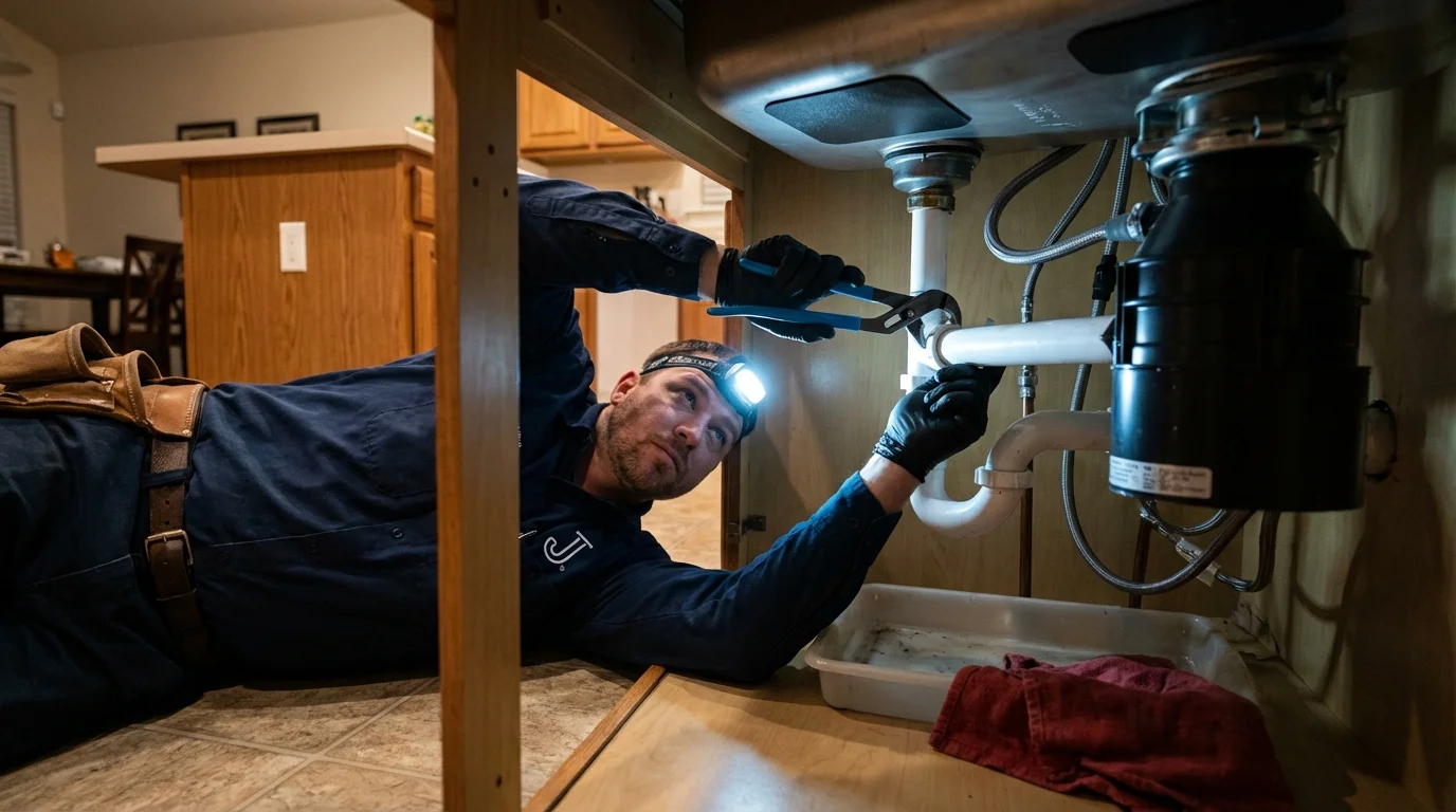 P-trap and supply line connections under a kitchen sink showing a common leak point in Greenville, GA